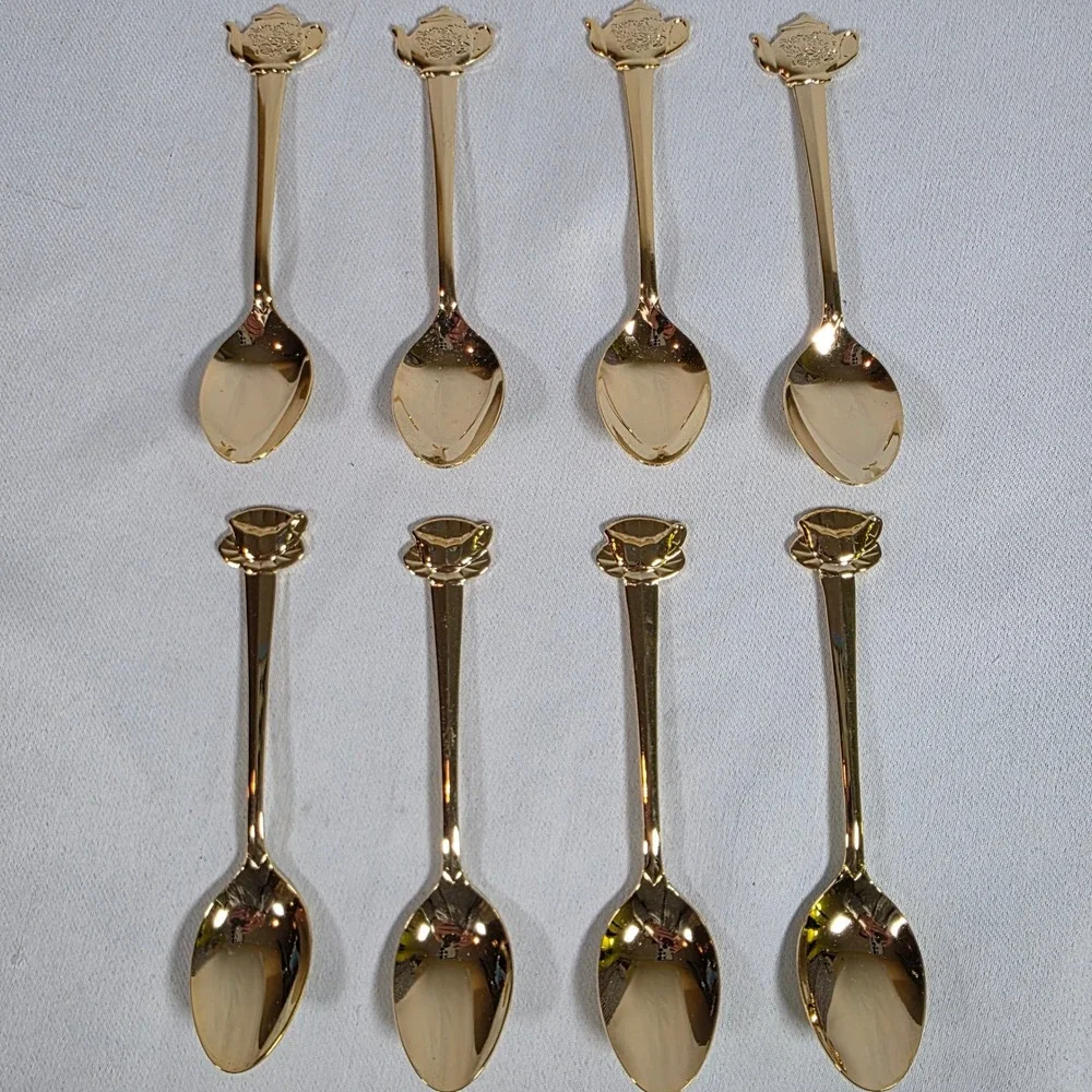 Vintage HIC Japan Gold-tone Stainless Teapot Teacup Demitasse Spoons Set of 8
